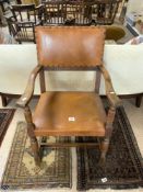 OAK AND LEATHER SQUARE FRAME ELBOW CHAIR.