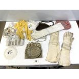 THREE PAIRS OF VINTAGE KID GLOVES, BEADED EVENING BAGS, LACE DOYLIES ETC.