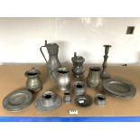 A QUANTITY OF PEWTER ITEMS INCLUDING - PLATES, FLAGONS, TANKARDS, INKWELLS ETC.