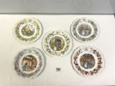 A SET OF FOUR ROYAL DOULTON- FOUR SEASONS PLATES FROM THE BRAMBLY HEDGE COLLECTION, AND ANOTHER -
