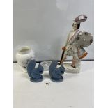 STAFFORDSHIRE FIGURE OF WALLACE 43CMS, PORCELAIN COALPORT VASE, TWO SQUIRRELS, AND A GLASS HUMMING