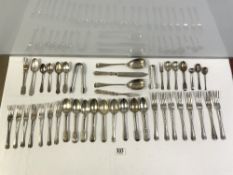 A QUANTITY OF HALLMARKED SILVER CUTLERY, FORKS, SPOONS, AND A PAIR OF HALLMARKED SILVER SALAD