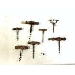 ANTIQUE STEEL BRASS AND MAHOGANY CORK SCREW BY LB PARIS, AND SIX OTHER ANTIQUE CORK SCREWS.