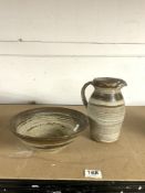 STUDIO POTTERY JUG AND BOWL, SIGNED TO BASE - GRINDON LXX1. 20CMS.