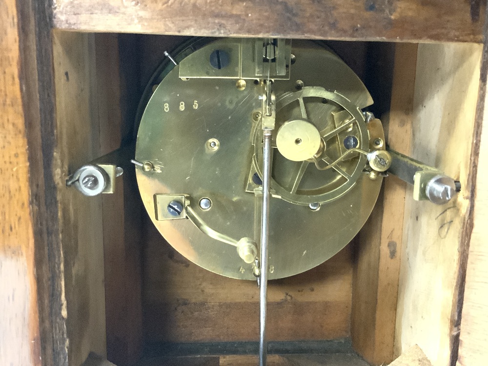 A LATE VICTORIAN MAHOGANY AND EBONISED MANTEL CLOCK, WITH ENAMEL DIAL . 20 X 20. - Image 5 of 5