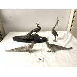 FRENCH ART DECO SPELTER FIGURE OF A PEACOCK ON A MARBLE BASE, 32X17, TWO SILVER PLATED PEACOCKS, AND