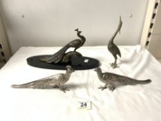 FRENCH ART DECO SPELTER FIGURE OF A PEACOCK ON A MARBLE BASE, 32X17, TWO SILVER PLATED PEACOCKS, AND