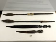 TWO AFRICAN SPEARS AND TWO CARVED AFRICAN WOODEN DAGGERS