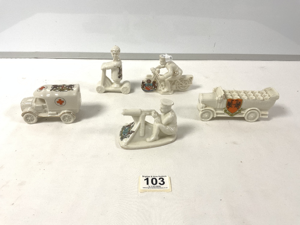 ARCADIAN CRESTED WARE SOLDIER ON MOTOR BIKE, AND A MACHINE GUNNER, AND THREE OTHERS.