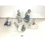 FOUR LLADRO PIECES; LARGEST 26CM WITH A ROYAL DOULTON FIGURINE DAYDREAMS HN1731