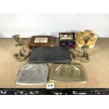 A PAIR OF BRASS COBRA CANDLESTICKS, A FAUX IVORY AND WOODEN BACKGAMMON BOX, NOAHS ARK ETC.