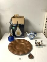 CHINESE DRAGON DECORATED TEA POT, BLUE GLASS SPRAY, BEATEN COPPER PLATE, AND LARGE BOXED LIGHTBULB.