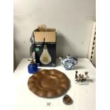 CHINESE DRAGON DECORATED TEA POT, BLUE GLASS SPRAY, BEATEN COPPER PLATE, AND LARGE BOXED LIGHTBULB.