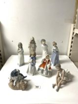 NAO FIGURE OF A CLOAKED BOY AND DOG, NAO SPANIELS, FIVE OTHER NAO FIGURES AND ROYAL DOULTON FIGURE "