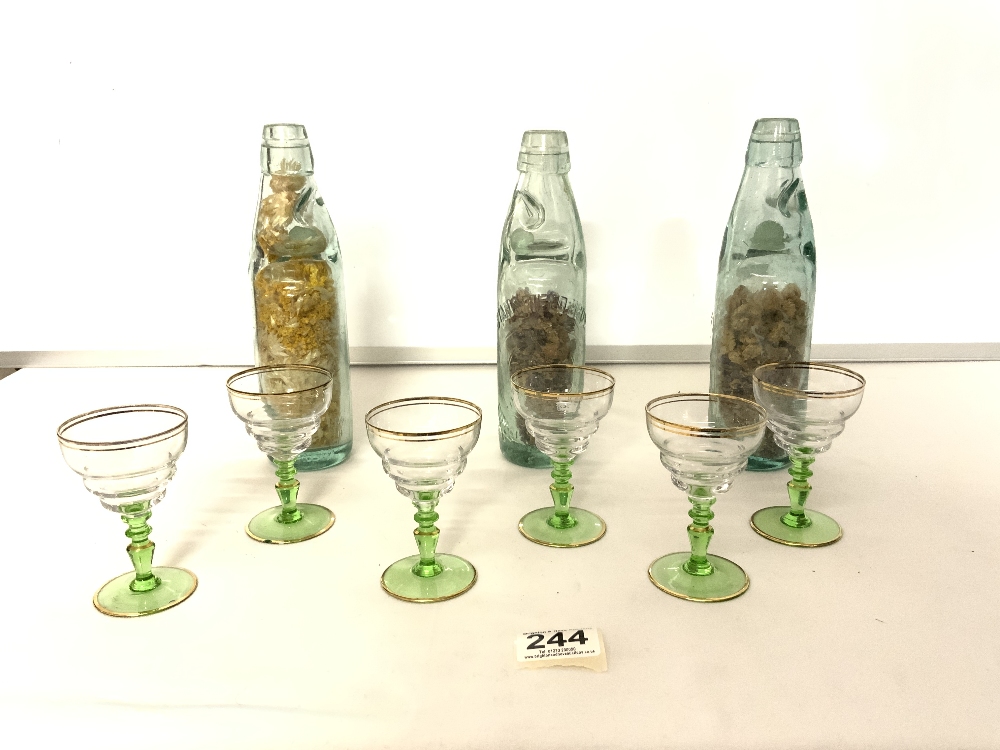 A SET OF SIX SHERRY GLASSES AND THREE VINTAGE GLASS COD BOTTLES. - Image 3 of 3