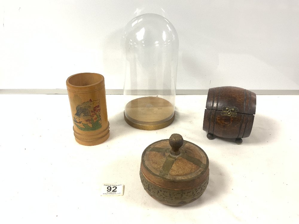 A GLASS DOME 26 CMS, OAK BARREL TEA CADDY WITH A WOODEN LIDDED POT AND A BAMBOO BRUSH POT.