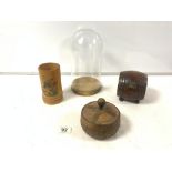 A GLASS DOME 26 CMS, OAK BARREL TEA CADDY WITH A WOODEN LIDDED POT AND A BAMBOO BRUSH POT.