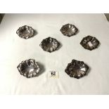 A SET OF SIX WALKER AND HALL SILVER PLATED CLIP ON FISH BONE DISHES.