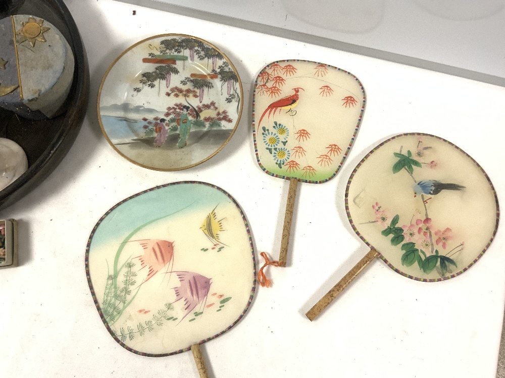 A CHINESE ANTIMONY METAL TEA CADDY, THREE DECORATED SILK FANS, RED AND GOLD LACQUER BOX ETC. - Image 6 of 14