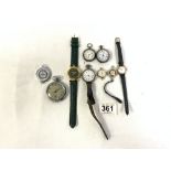 TWO LADIES SILVER FOB WATCHES, A SMITHS CHROME POCKET WATCH, A GUN METAL FOB WATCH AND FOUR WRIST