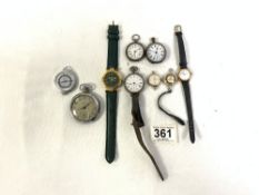 TWO LADIES SILVER FOB WATCHES, A SMITHS CHROME POCKET WATCH, A GUN METAL FOB WATCH AND FOUR WRIST