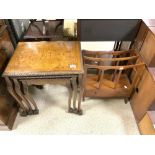 A NEST OF THREE WALNUT TABLE AND A REPRODUCTION TWO DIVISION CANTERBURY.