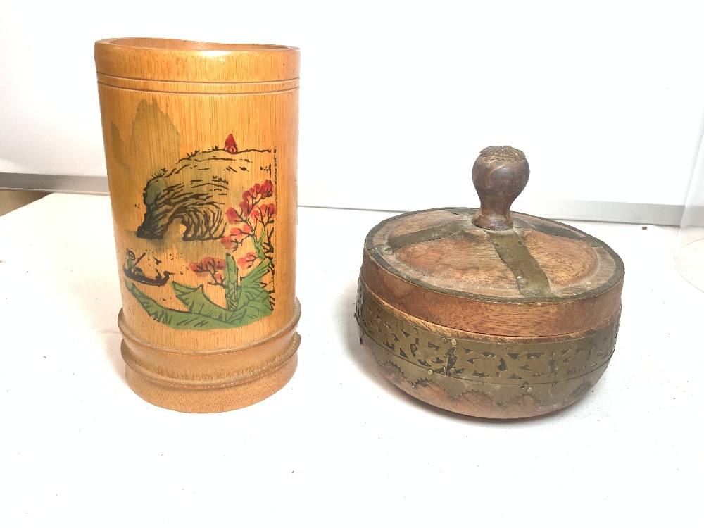 A GLASS DOME 26 CMS, OAK BARREL TEA CADDY WITH A WOODEN LIDDED POT AND A BAMBOO BRUSH POT. - Image 4 of 5