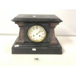A VICTORIAN BLACK AND ROUGE COLOUR SLATE MANTLE CLOCK.