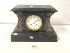 A VICTORIAN BLACK AND ROUGE COLOUR SLATE MANTLE CLOCK.