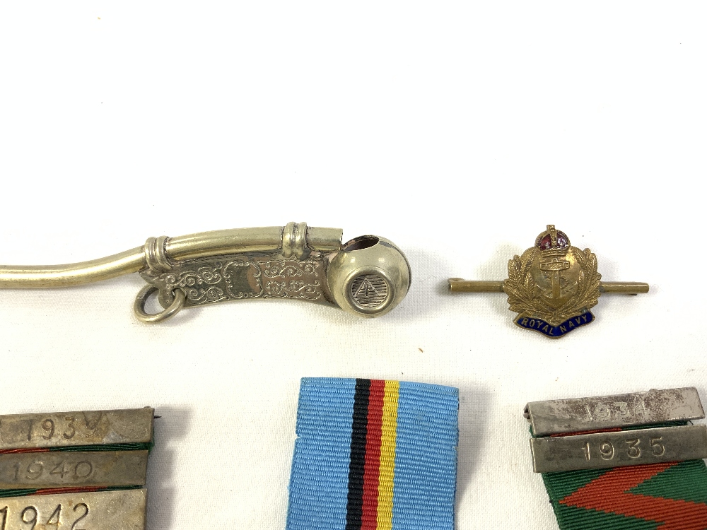 A BOSUNS WHISTLE, KINGS BADGE FOR LOYAL SERVICE, TWO HALLMARKED SILVER SAFE DRIVING MEDALS, A - Image 2 of 5