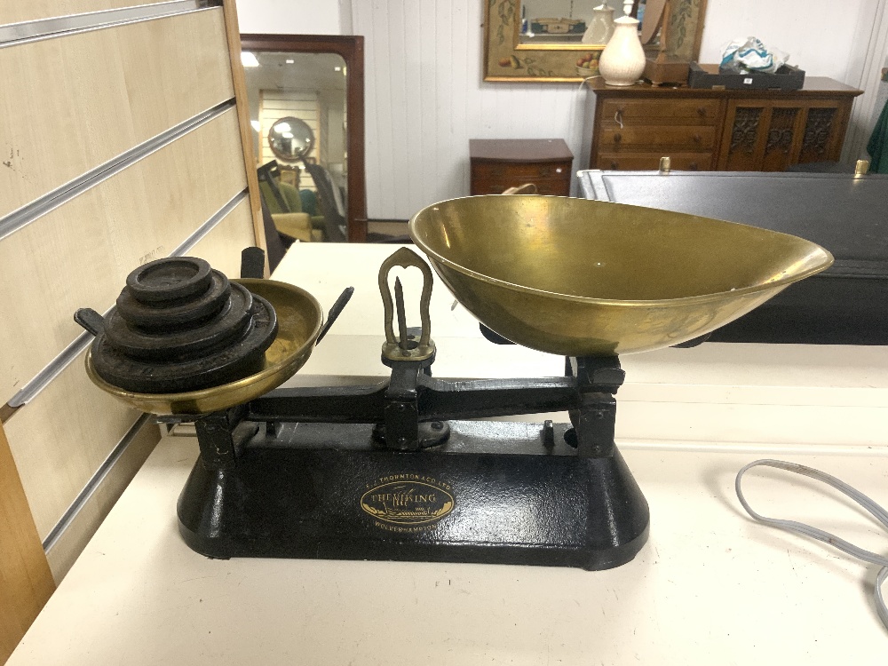 THREE VINTAGE WOOD LOOM SPINNERS, INSTRUMENT IN BOX, SET IRON AND BRASS KITCHEN SCALES ETC. - Image 6 of 7