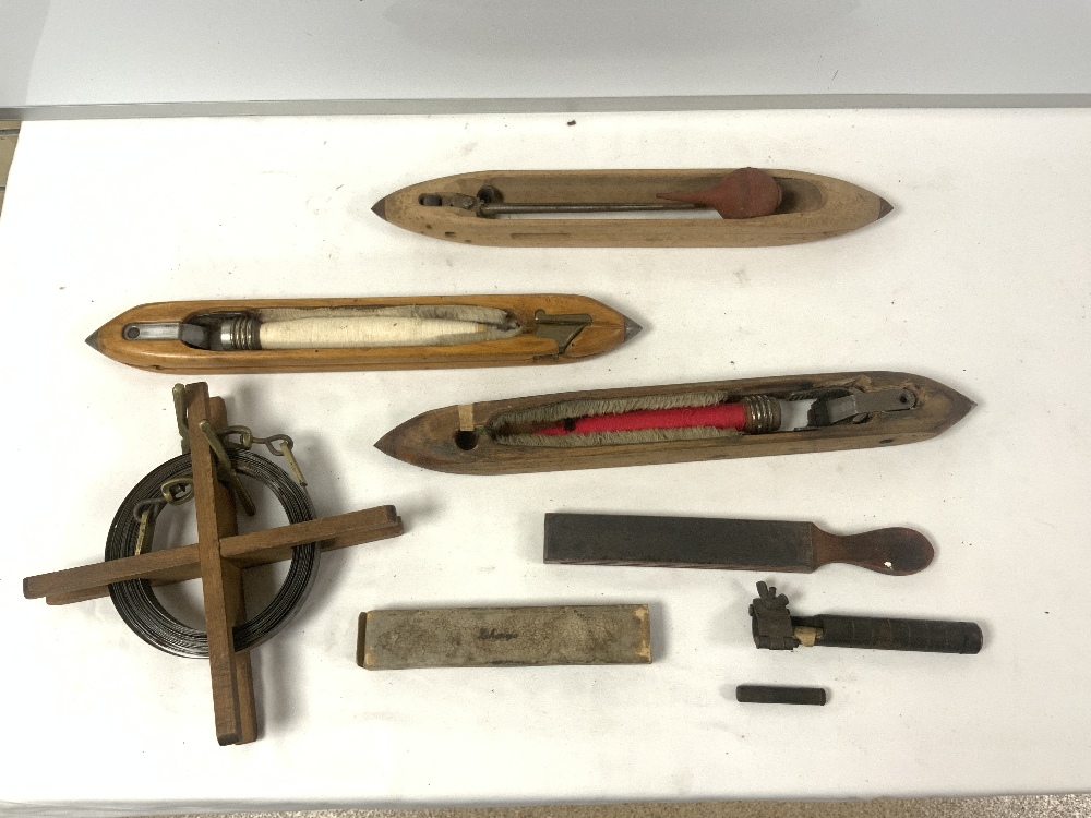 THREE VINTAGE WOOD LOOM SPINNERS, INSTRUMENT IN BOX, SET IRON AND BRASS KITCHEN SCALES ETC. - Image 4 of 7