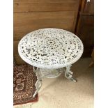 A TWO TIER CIRCULAR PAINTED ALUMINIUM ORNATE GARDEN TABLE. 64 CMS, DIAMETER.