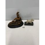 A SMALL SPELTER FIGURE OF A SCOTTISH TERRIER 10X7, AND A RESIN FIGURE OF ANCIENT GREEK WARRIOR.
