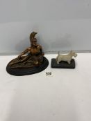 A SMALL SPELTER FIGURE OF A SCOTTISH TERRIER 10X7, AND A RESIN FIGURE OF ANCIENT GREEK WARRIOR.