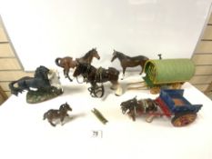 TWO BESWICK HORSES [A/F], FOUR OTHER HORSES, A WOODEN MODEL ROMANY CARAVAN WITH A SIMILAR CART