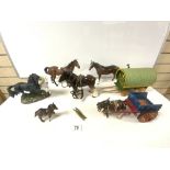 TWO BESWICK HORSES [A/F], FOUR OTHER HORSES, A WOODEN MODEL ROMANY CARAVAN WITH A SIMILAR CART