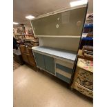 A 1950s BLUE AND WHITE AND FORMICA KITCHEN CABINET, WITH SLIDING DOORS AND FOUR DRAWERS,