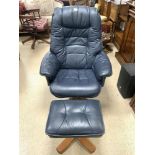 BLUE LEATHER STRESSLESS STYLE ARMCHAIR WITH MATCHING STOOL