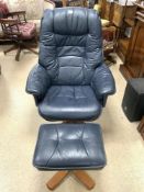 BLUE LEATHER STRESSLESS STYLE ARMCHAIR WITH MATCHING STOOL