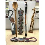 MIXED TRIBAL WOODEN ITEMS LARGEST 120CM