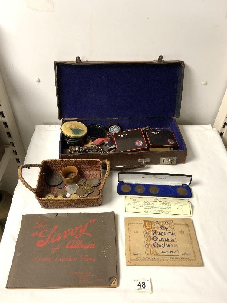 A QUANTITY OF COINS, MASONIC MEDALS, CIGARETTE CARD ALBUM, THE SAVOY ALBUM OF LONDON VIEWS ETC,