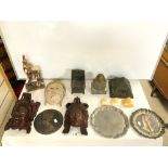 TWO BALINESE HARDWOOD WALL MASKS, AND QUANTITY EGYPTIAN ORNAMENTS.