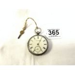 A HALLMARKED SILVER POCKET WATCH; MOVEMENT BY LIVINGSTONE; MANCHESTER NO, 158722, [CRACKED DIAL]