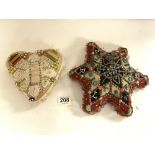 TWO VINTAGE BEADED PIN CUSHIONS; ONE MILITARY RELATED