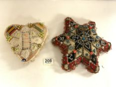 TWO VINTAGE BEADED PIN CUSHIONS; ONE MILITARY RELATED