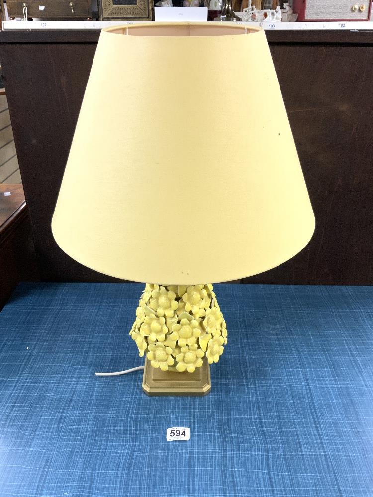 A YELLOW CERAMIC FLORAL ENCRUSTED TABLE LAMP, [A/F], 30 CMS.