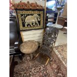 CARVED TRIBAL CHAIR AND TABLE, AND EASTERN BEADWORK ELEPHANT PANEL HANGING, 56X42.