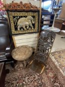 CARVED TRIBAL CHAIR AND TABLE, AND EASTERN BEADWORK ELEPHANT PANEL HANGING, 56X42.