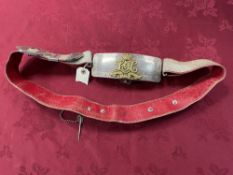 A VICTORIAN OFFICERS DRESS POUCH AND BELT, WITH HALLMARKED SILVER MOUNTS AND CHAINS, BEARING THE